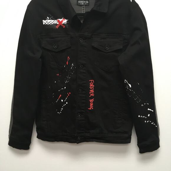 Maniere De Voir Mens Black Gray 2 Pc Set Denim Jacket M Graffiti Skinny Jeans 34 - Picture 4 of 16